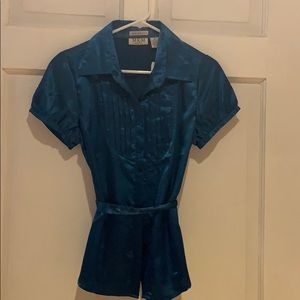 Satin blue button down shirt. Stretch